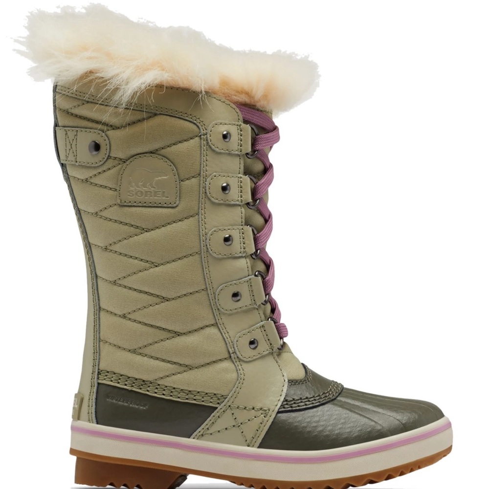 Size 3 Youth Sorel Kids Rain & Snow Boots in Olive and Pink